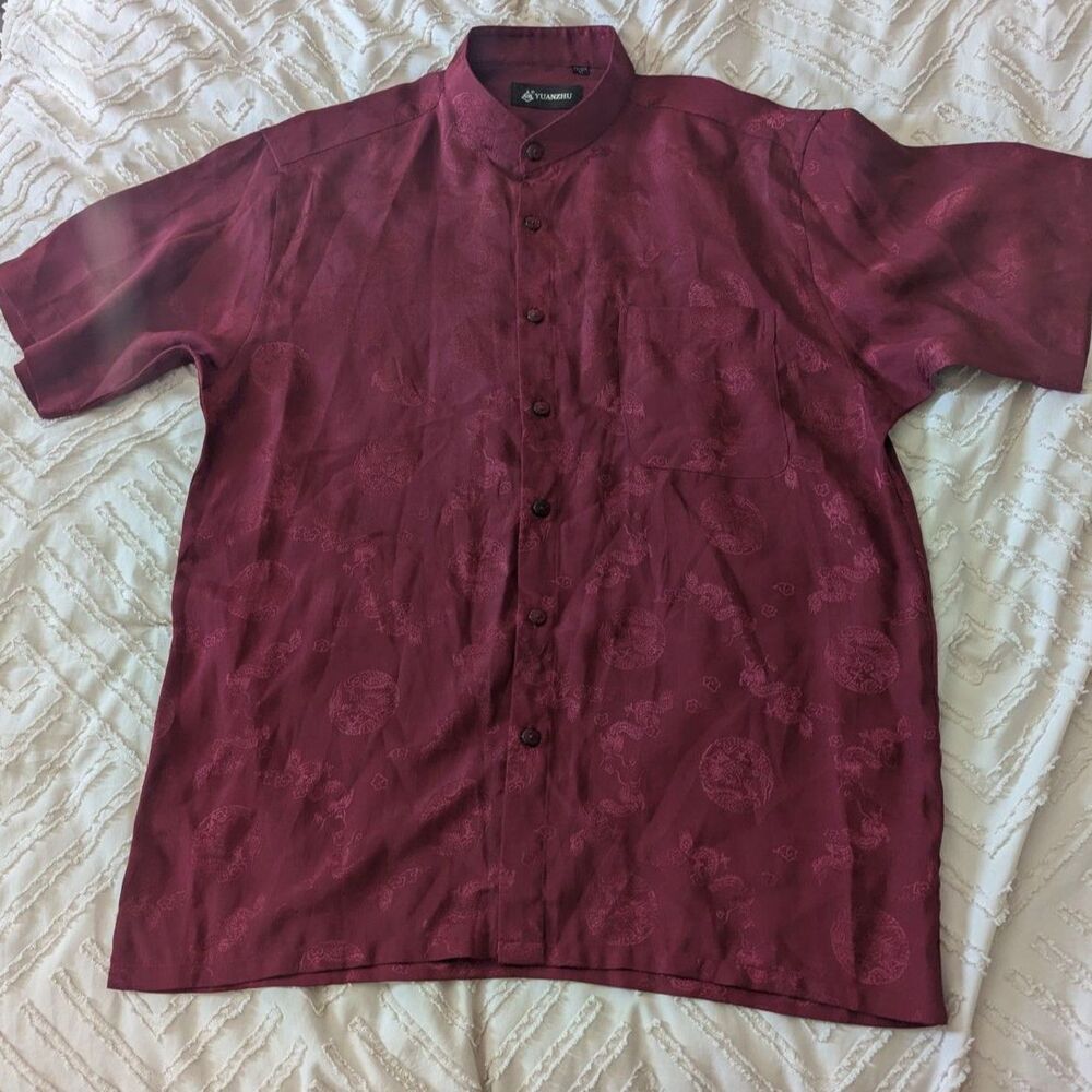 YuanZhu Men’s Mandarin Collar Shirt Burgundy Jacquard Polyester Short Sleeve